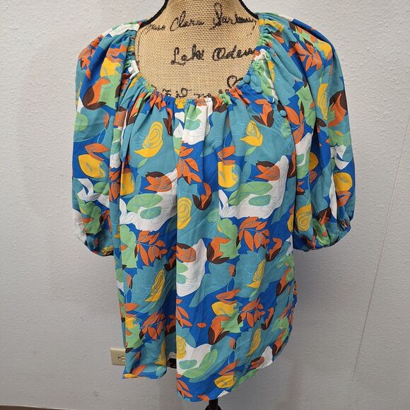 Saints & Heaters Top Turquoise Multicolor Abstract Floral Baby Blue Women's Sz M - Picture 1 of 14